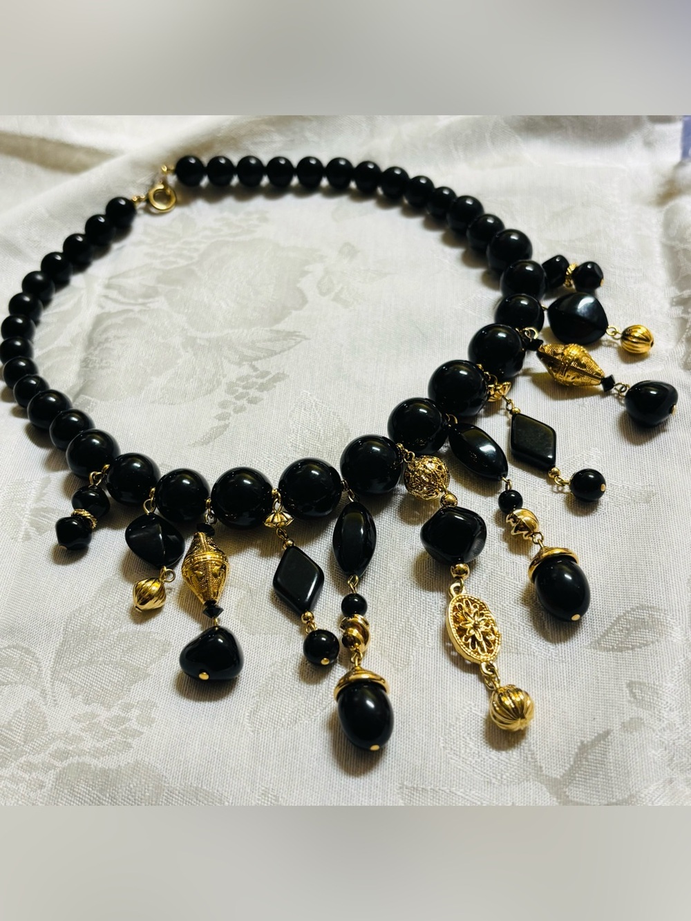 Trifari Vintage Black and Gold Beaded Statement Necklace